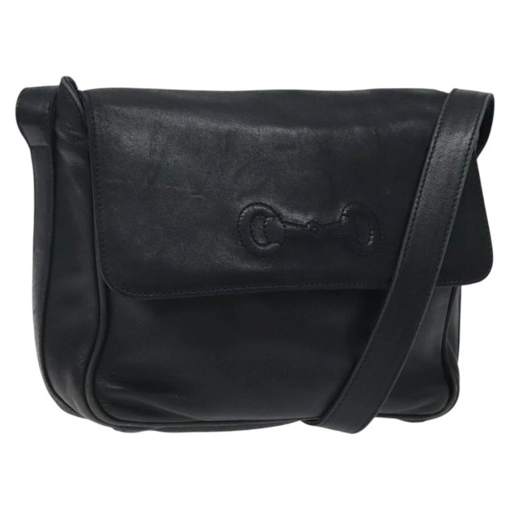 GUCCI Horsebit Shoulder Bag Leather Black Gold 007 3444 0220 Auth 124377